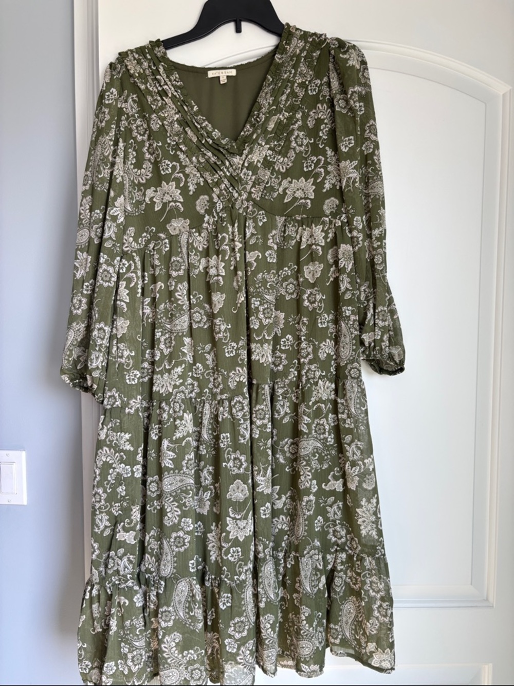 Kate & Sam Olive Green Long Sleeve Floral Tiered Dress